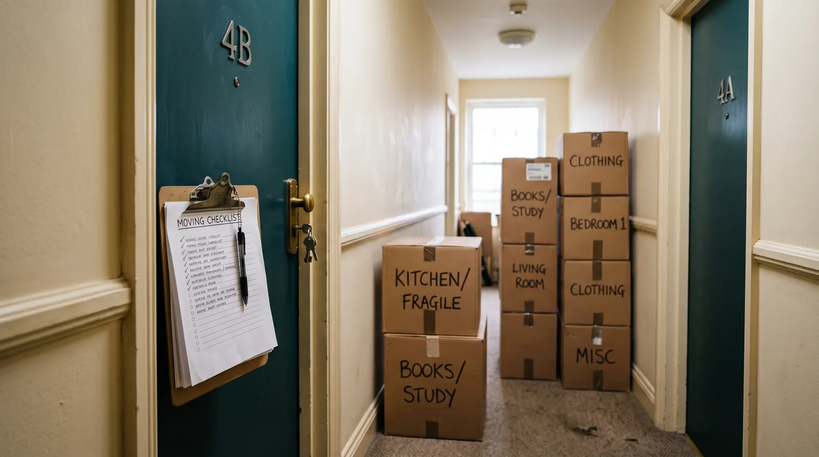 Wohnungstür mit Checkliste und gepackten Umzugskartons